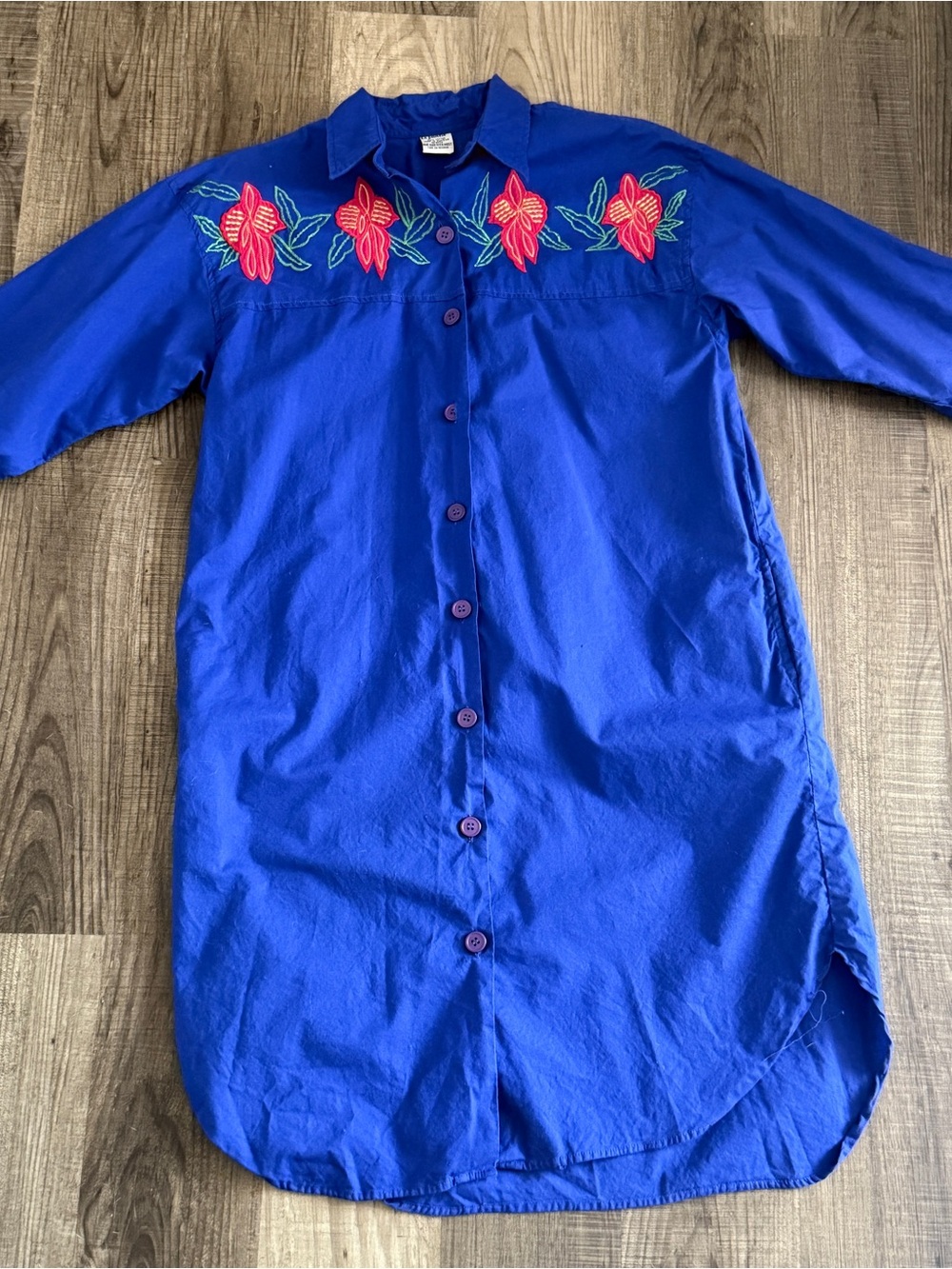 Vtg La Javade Royal Blue Embroidered Cotton Shirtdress OSFM